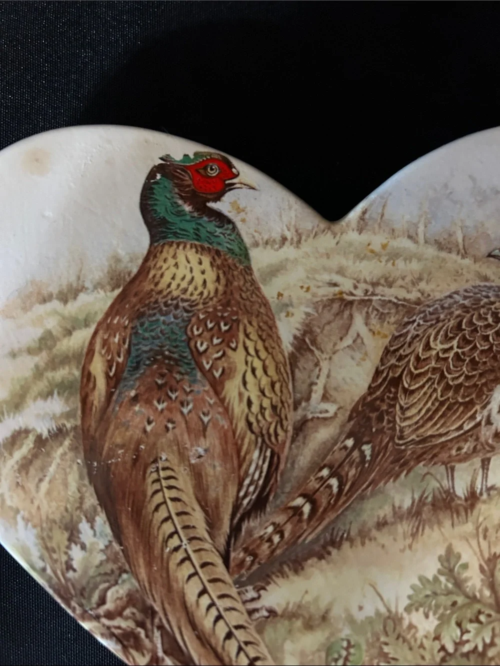 Heart-Shaped Ceramic Trivet with Pheasant Artwork - Cream & Brown